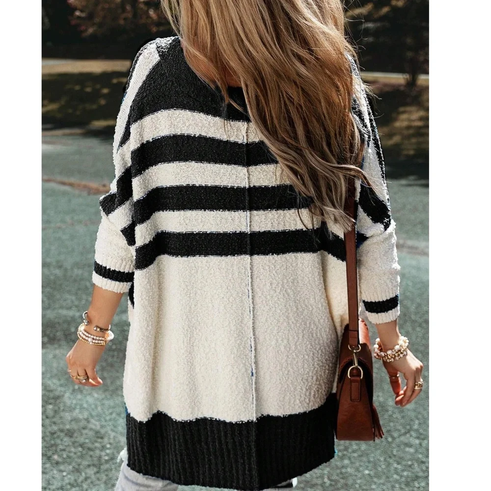 Cozy Color block Striped Button Down Oversized High Low Cardigan - Picture 4 of 11